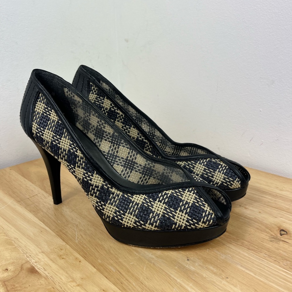 Vintage Stuart Weitzman Plaid‎ Peep Toe Pumps Sz 8